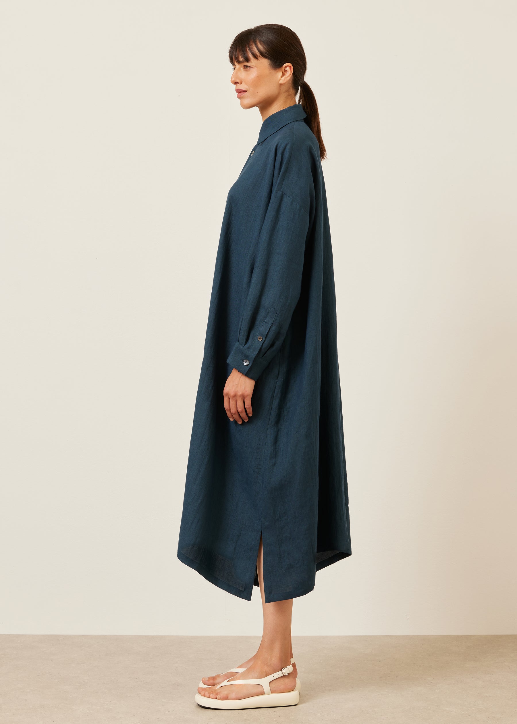 linen wide a-line shirt dress with collar