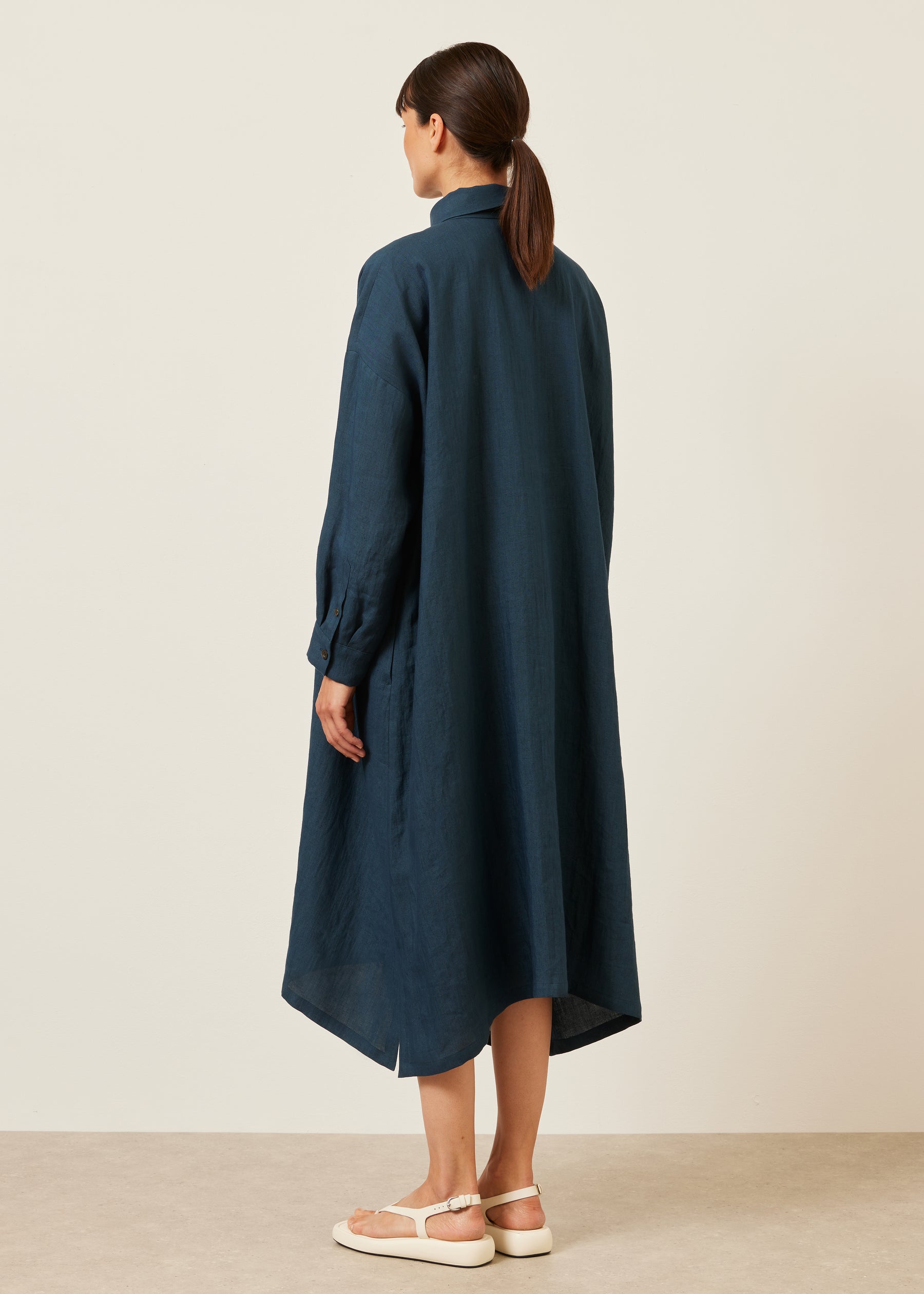 linen wide a-line shirt dress with collar