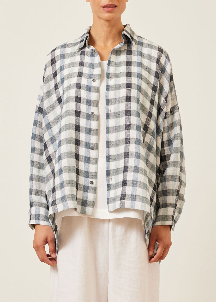 linen mix wide longer back shirt with collar - mid plus