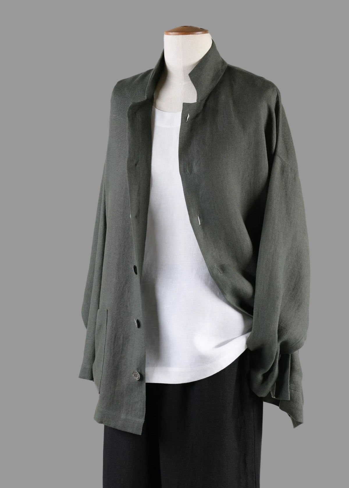 linen achkan stand collar jacket - long (ferngreendark)