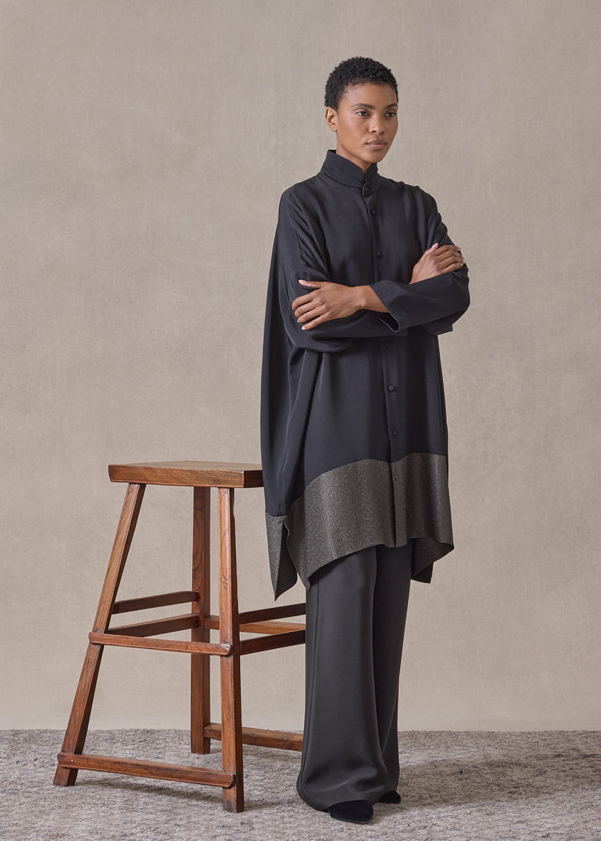 silk and lamé wide double stand collar shirt - very long with slits (black with mossdark)