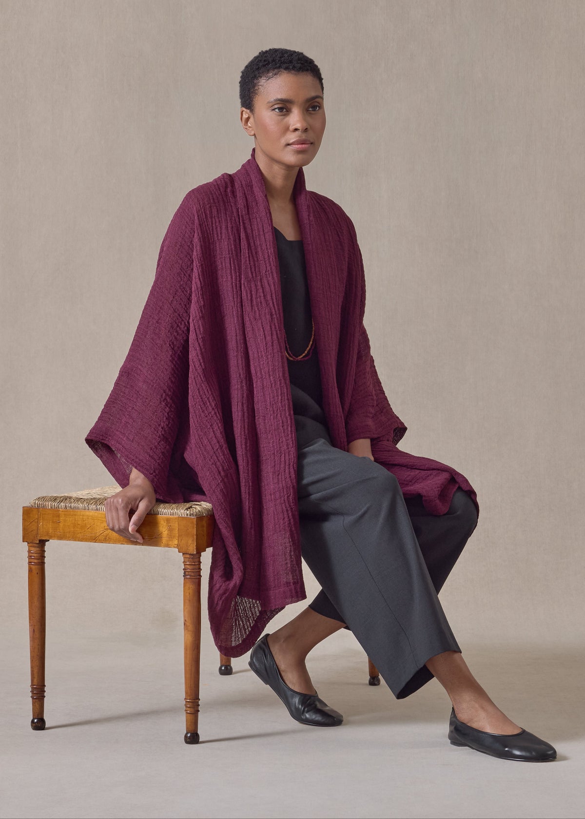 linen gauze wide short sleeve scrunch shawl collar jacket - long plus (cochineal)
