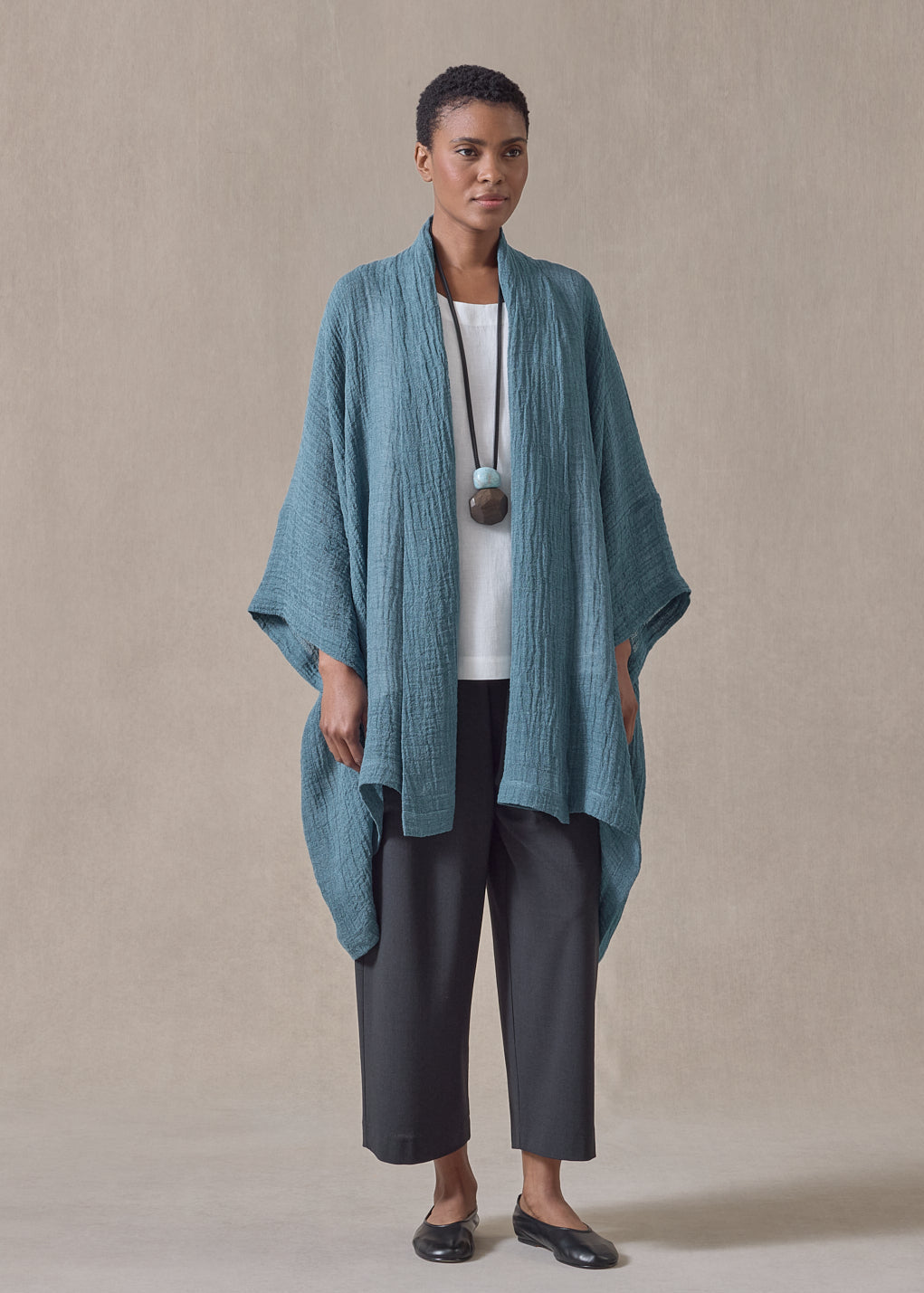 linen gauze wide short sleeve scrunch shawl collar jacket - long plus (darkturquoise)