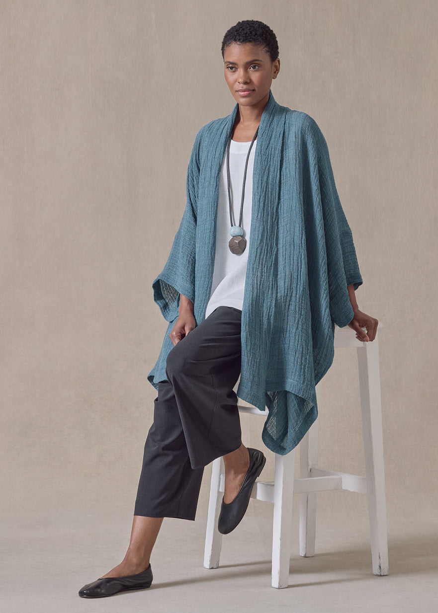 linen gauze wide short sleeve scrunch shawl collar jacket - long plus (darkturquoise)