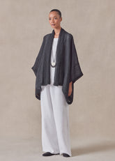 linen mix wide short sleeve scrunch shawl collar jacket - mid plus