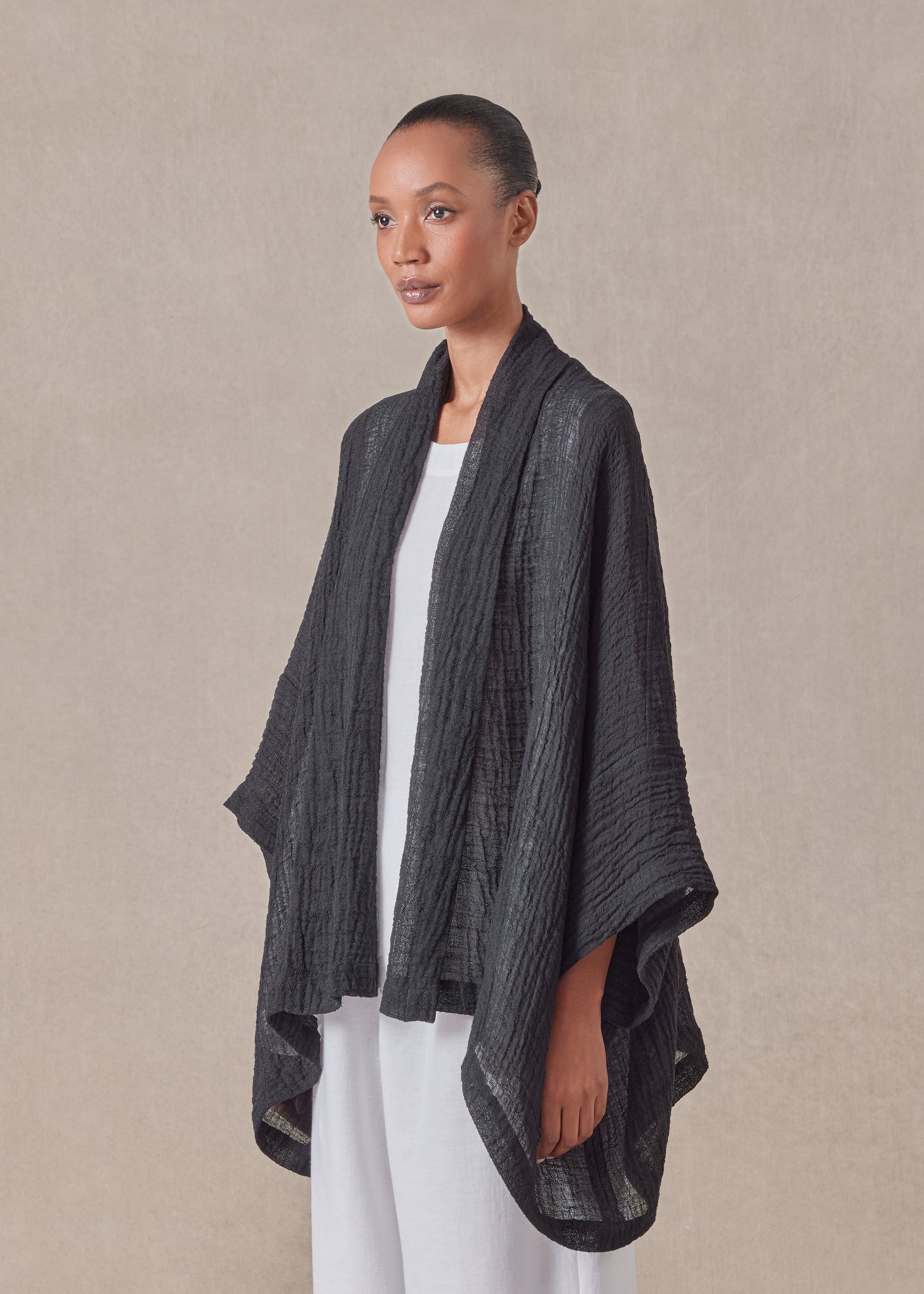 linen mix wide short sleeve scrunch shawl collar jacket - mid plus