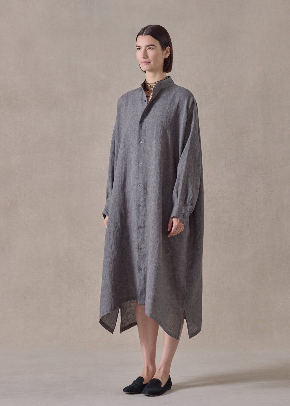 linen wide a-line collarless shirt dress (slate)