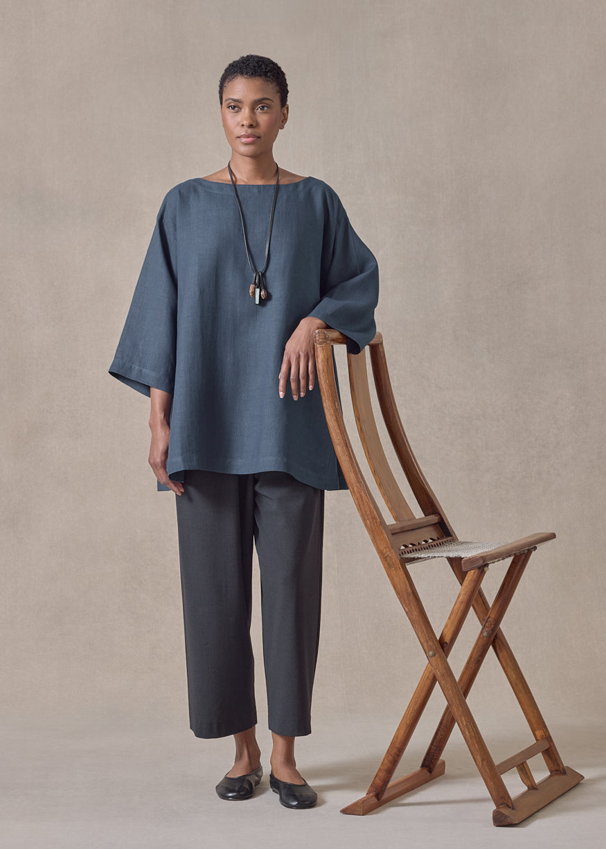 linen side panelled 3/4 sleeve scoop neck tunic - long (marineblue)