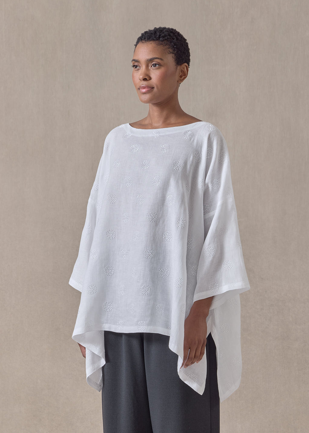 embroidered linen dps scoop neck 3/4 sleeve top - mid plus (white)