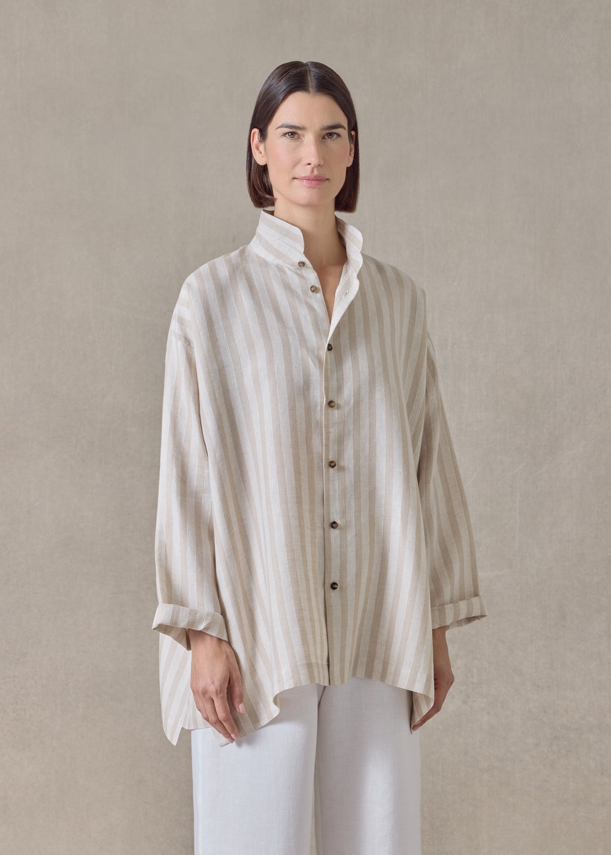 linen slim a-line dbl stand cllr shrt w/stepped ins lng