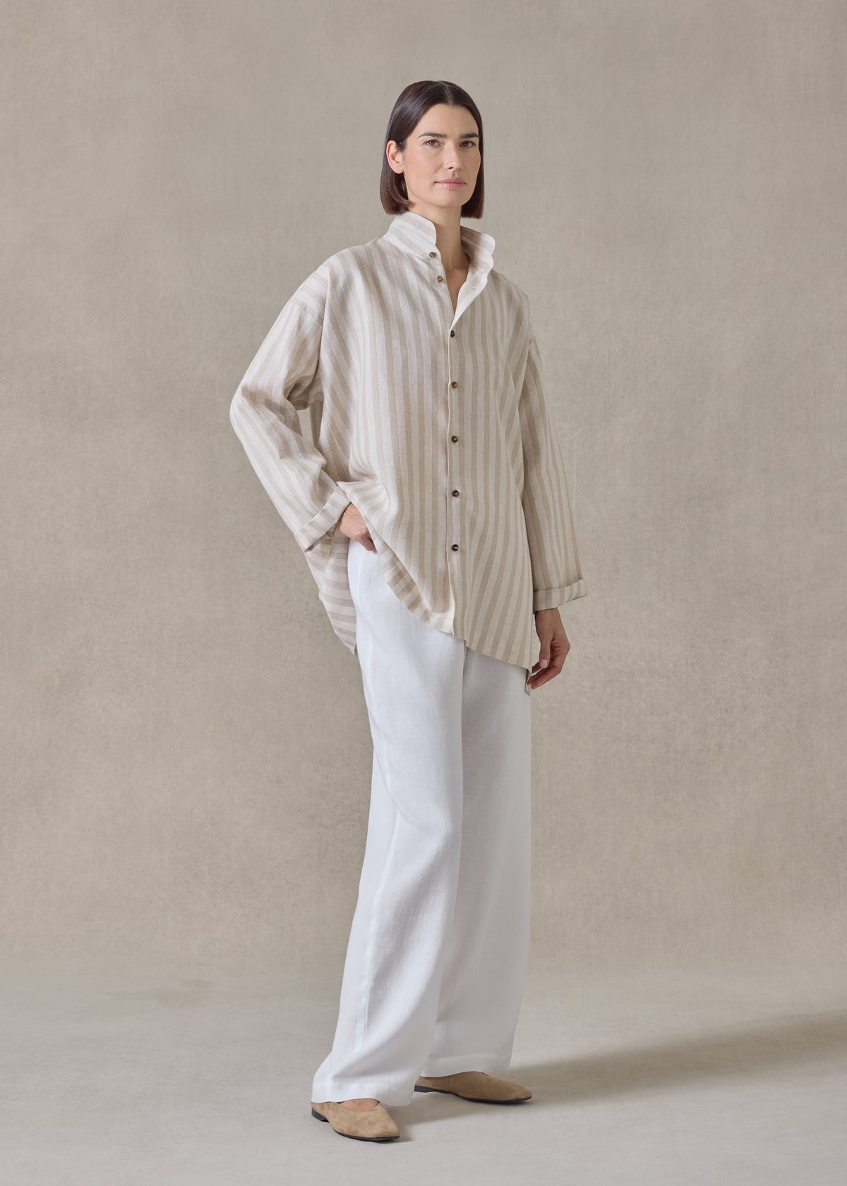 linen slim a-line dbl stand cllr shrt w/stepped ins lng