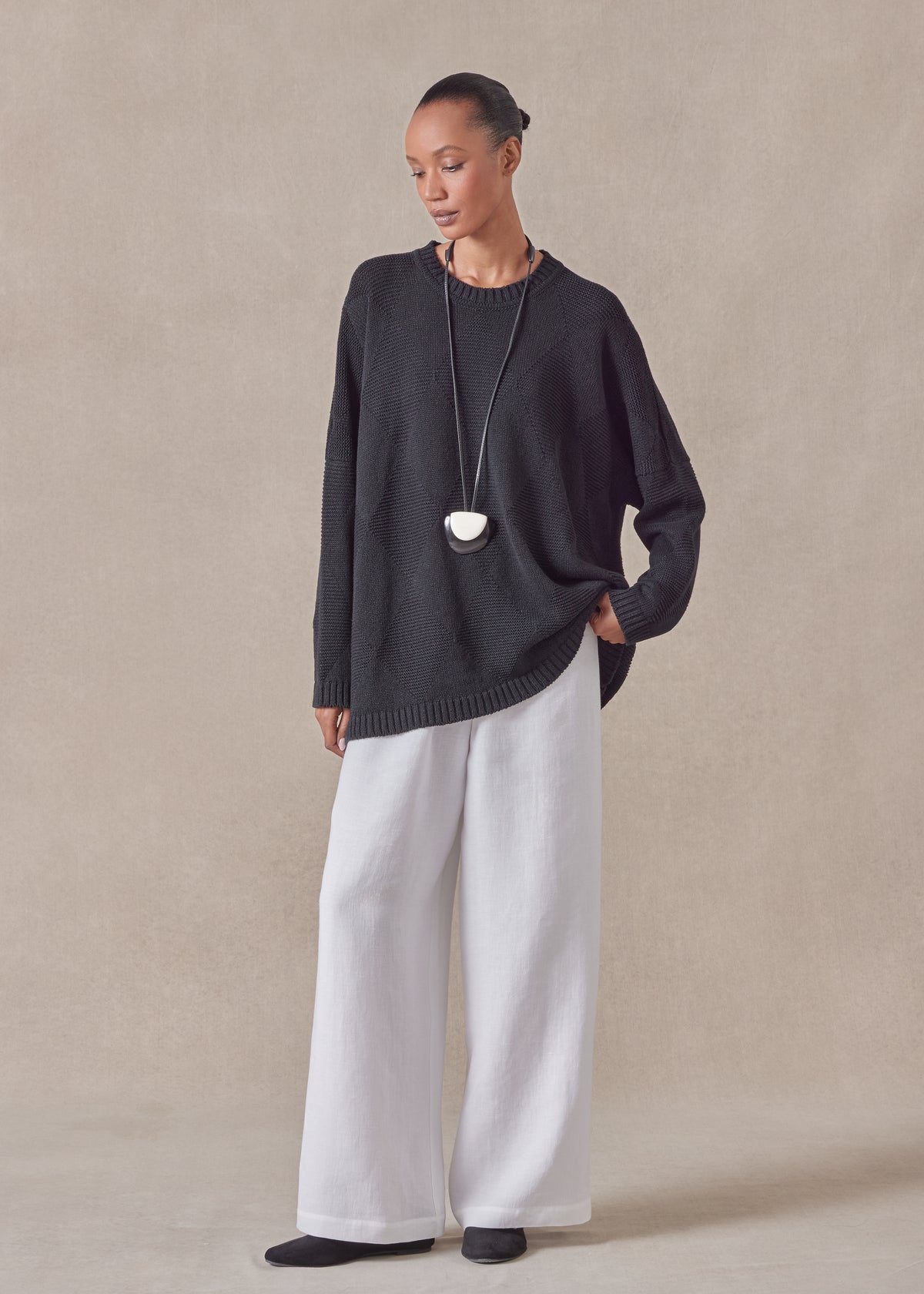 cotton linen mix 3/4 width round neck sweater - mid plus