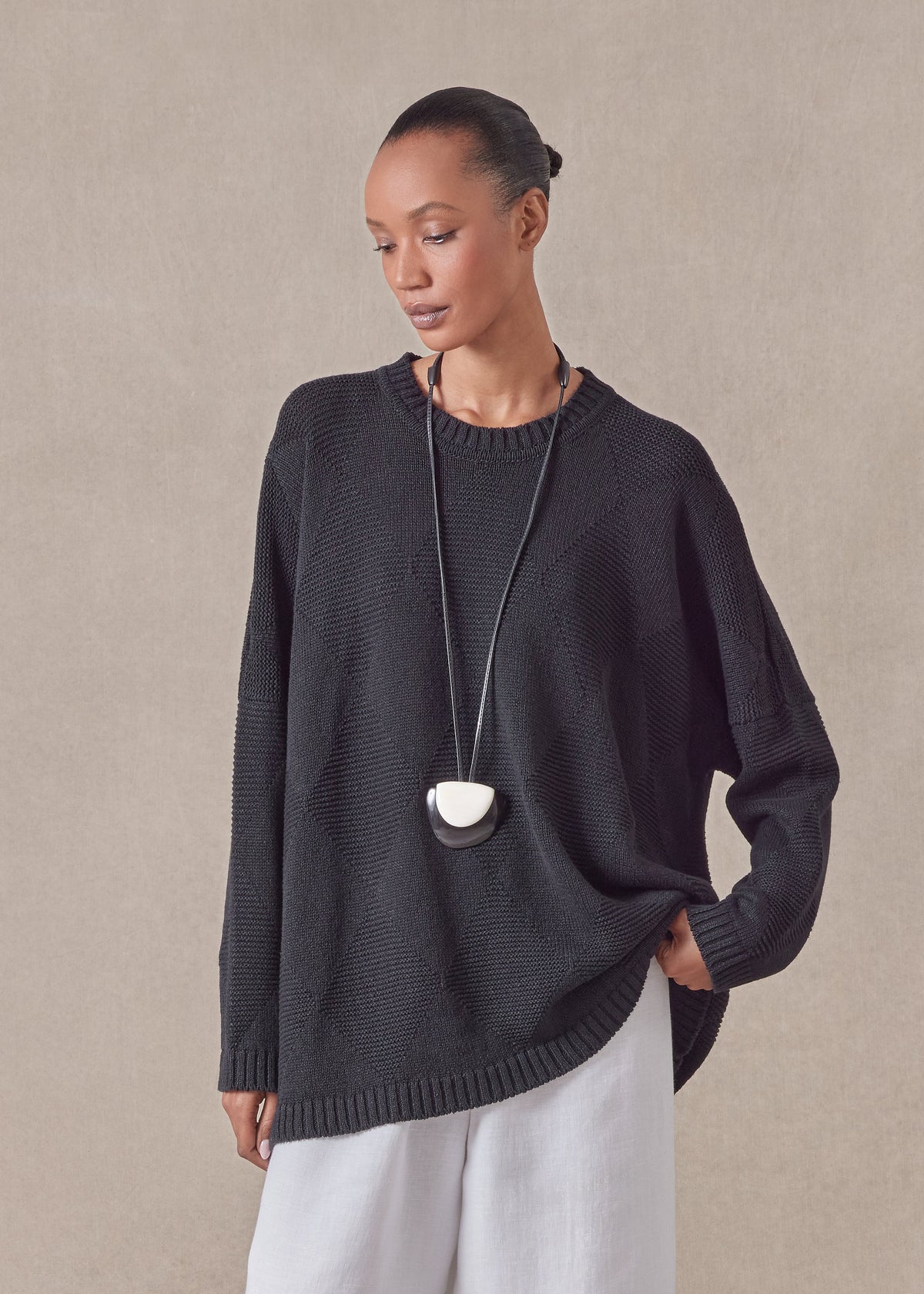 linen cotton mix 3/4 width round neck sweater - mid plus