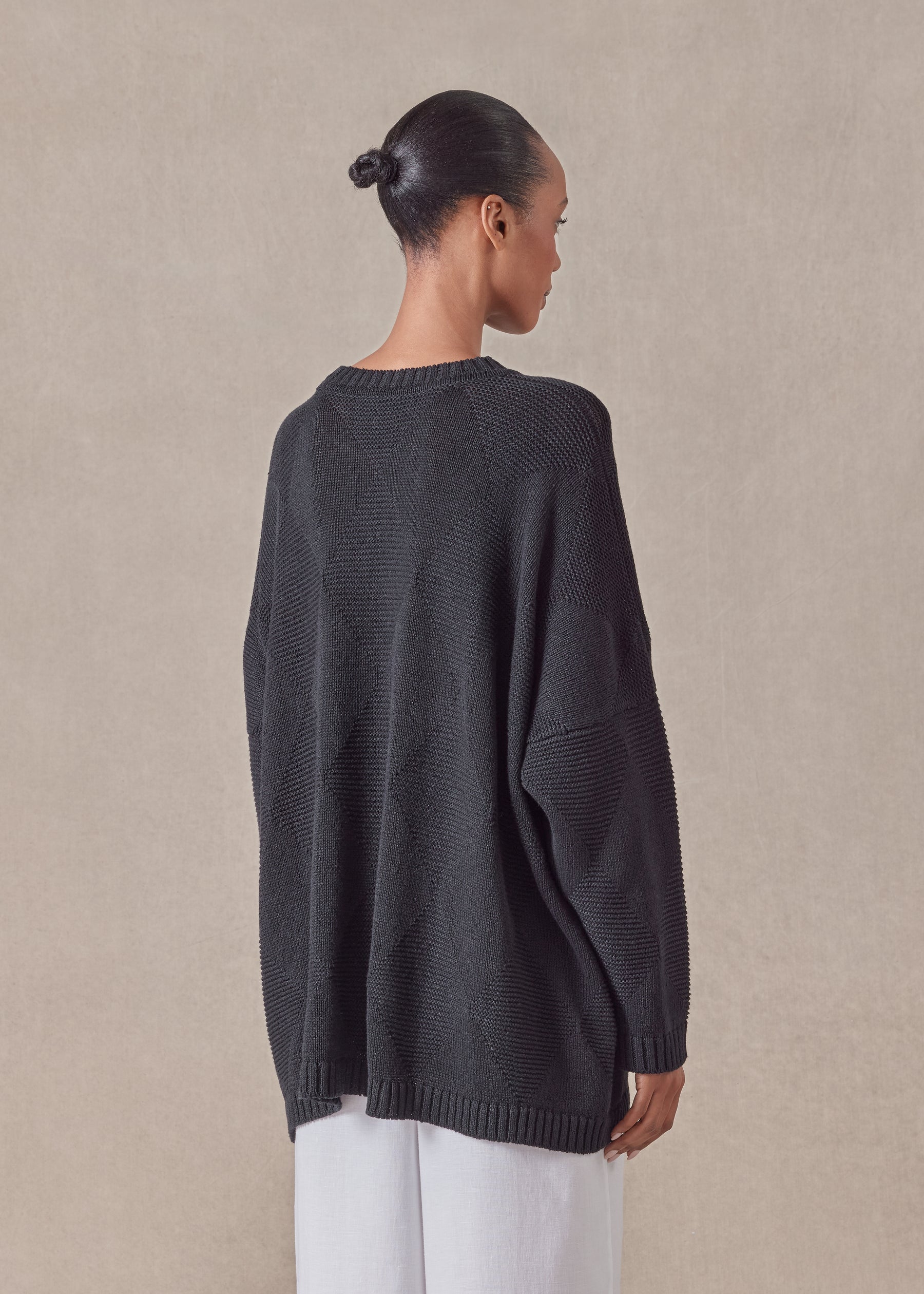 cotton linen mix 3/4 width round neck sweater - mid plus