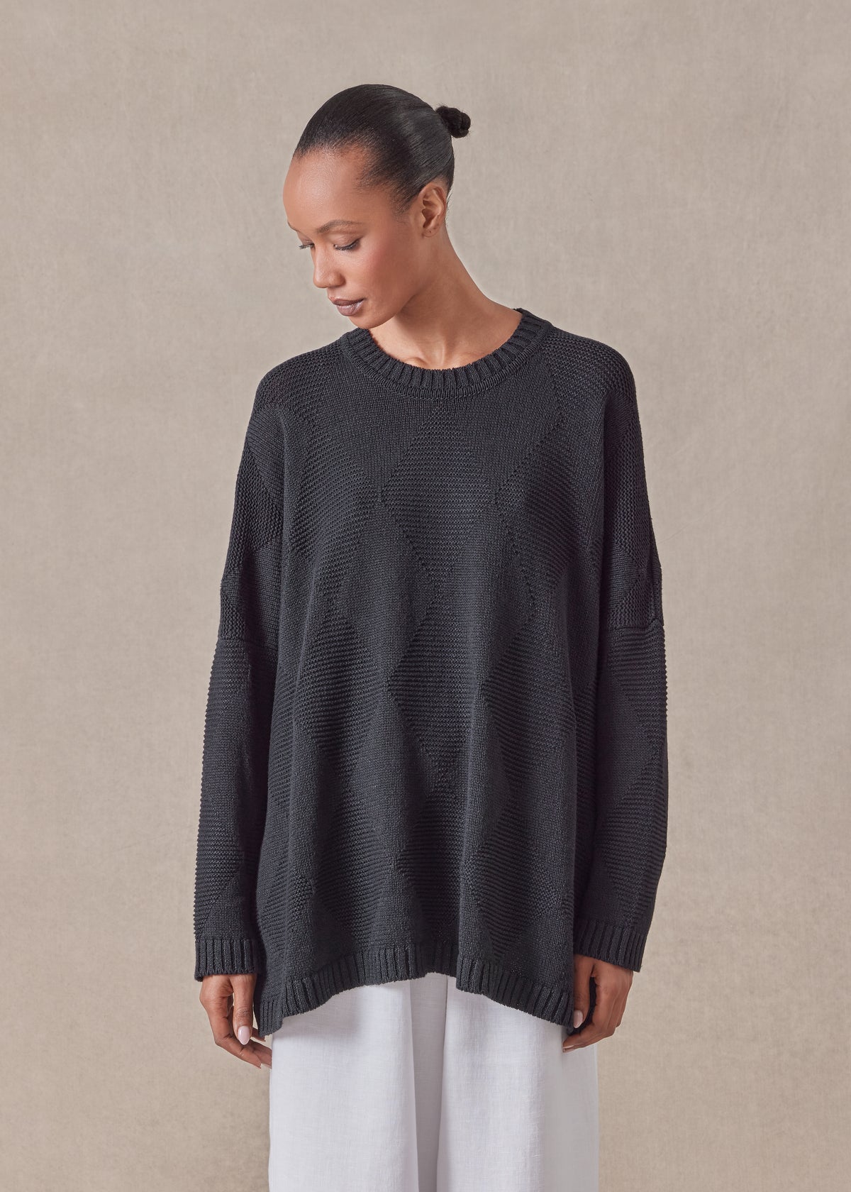 cotton linen mix 3/4 width round neck sweater - mid plus