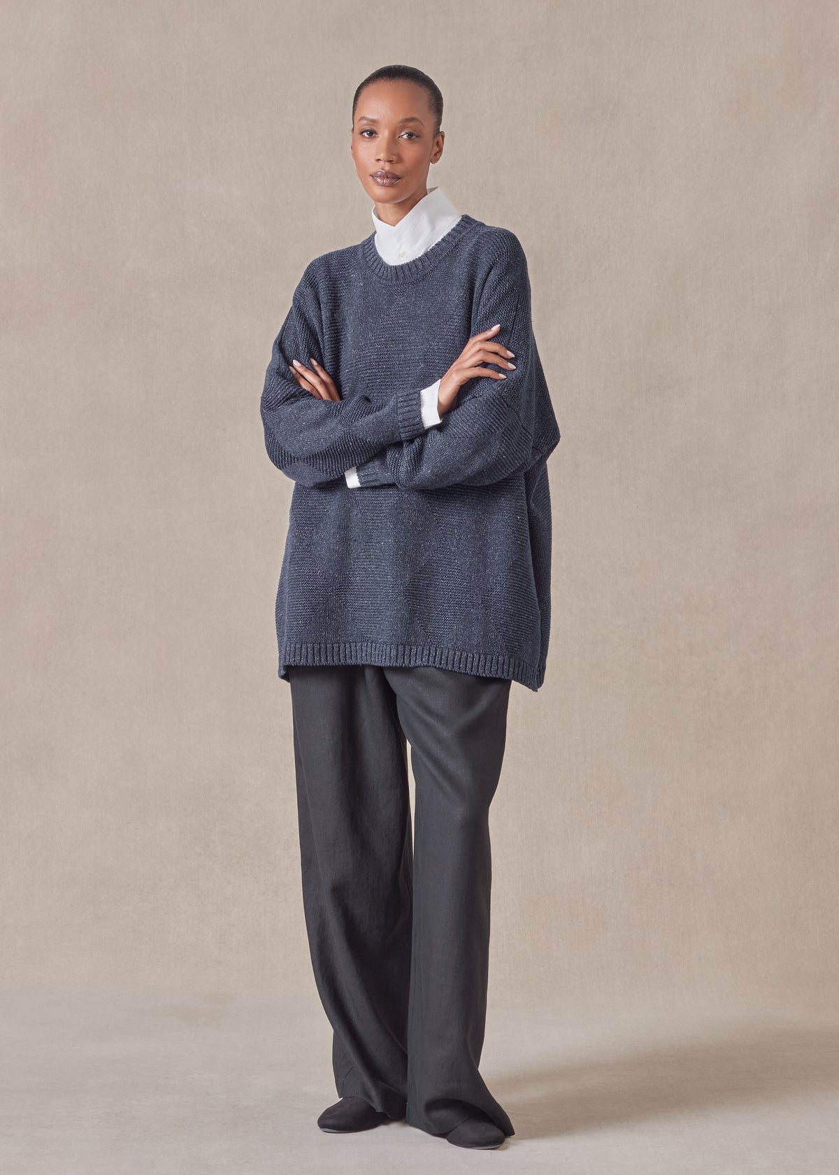 cotton linen mix 3/4 width round neck sweater - mid plus