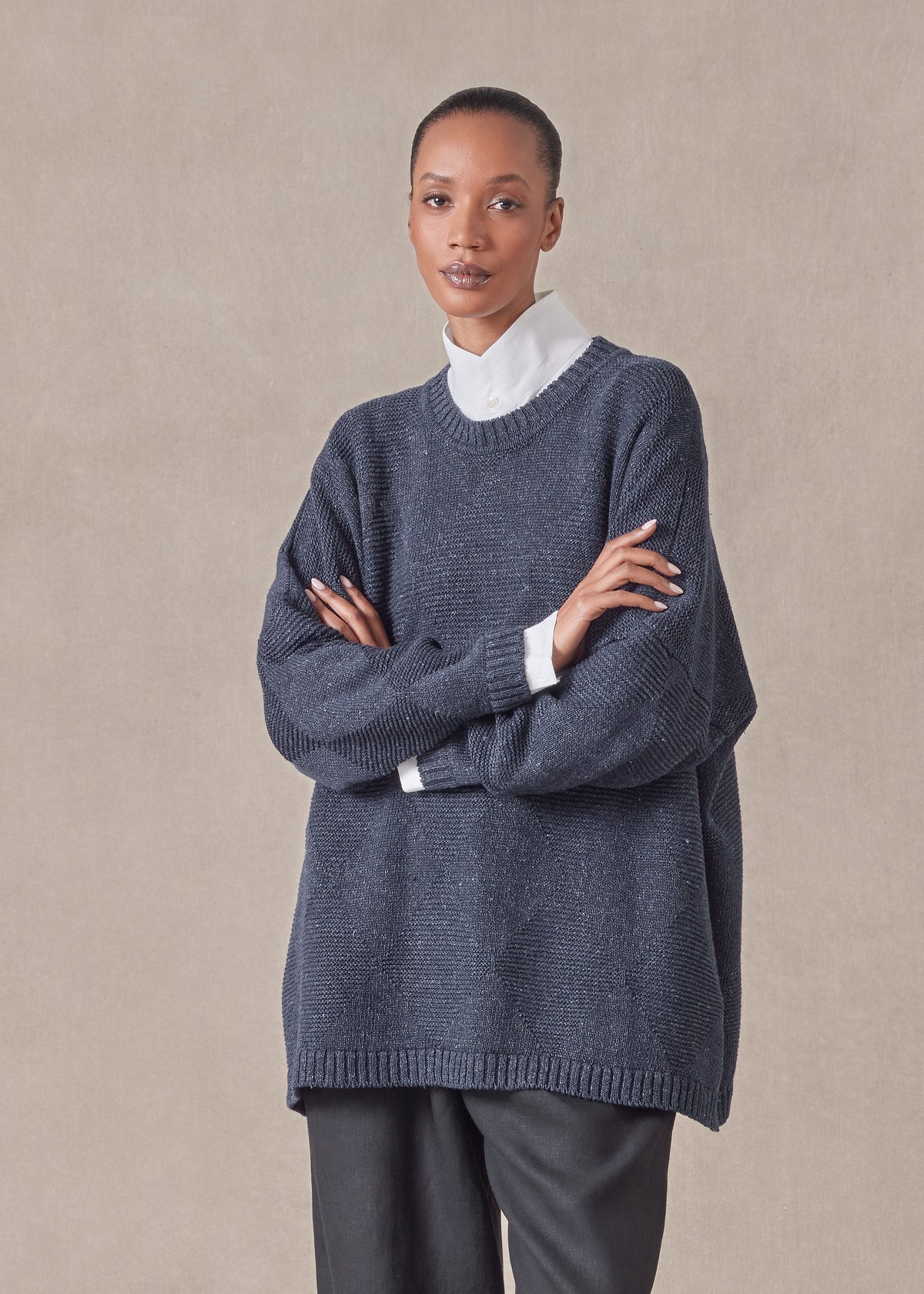 linen cotton mix 3/4 width round neck sweater - mid plus