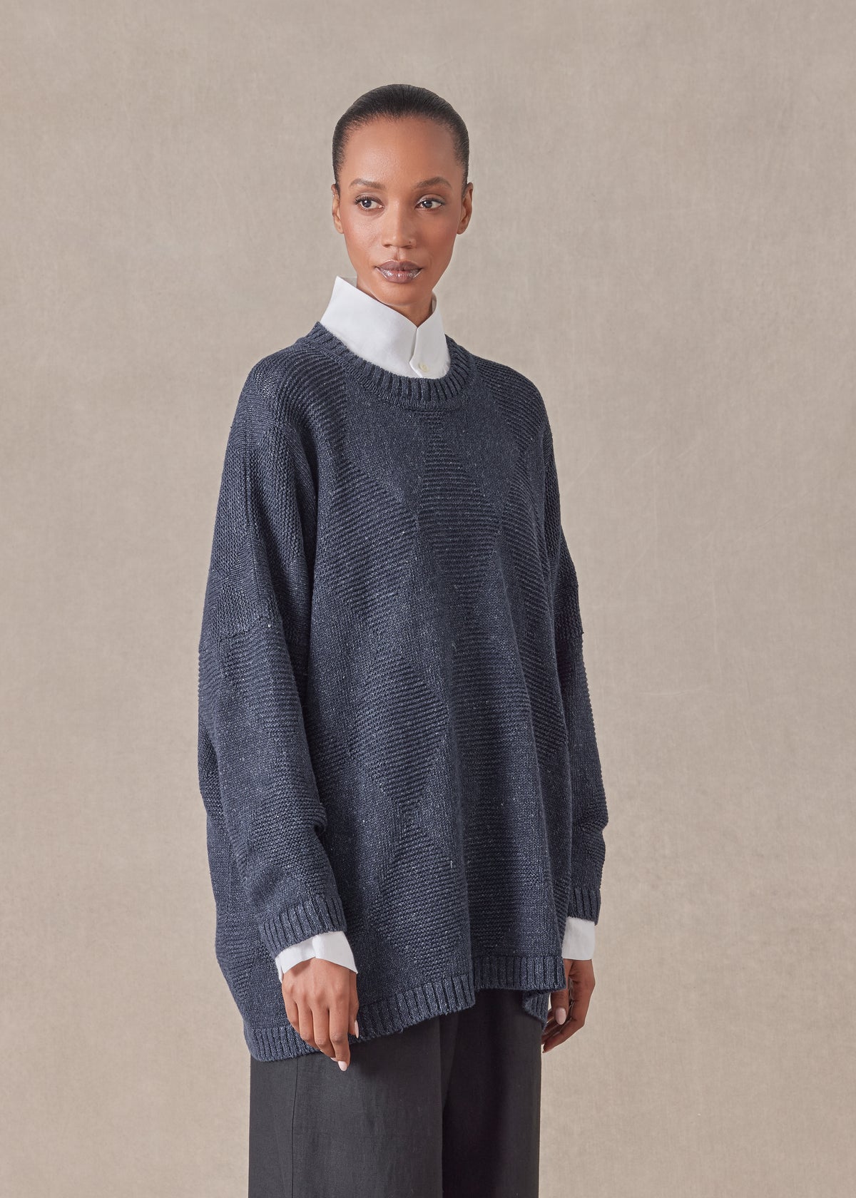 cotton linen mix 3/4 width round neck sweater - mid plus