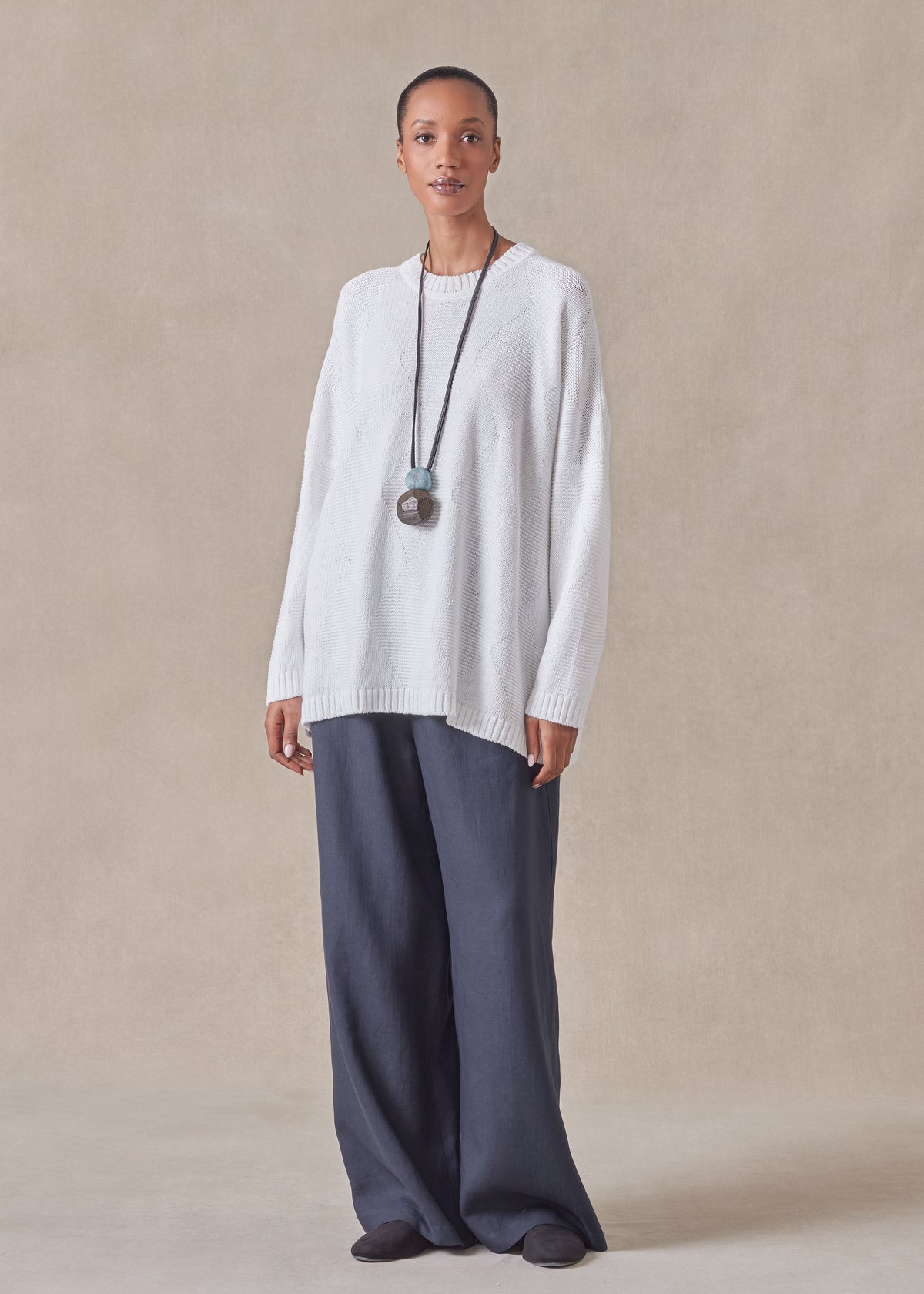 cotton linen mix 3/4 width round neck sweater - mid plus