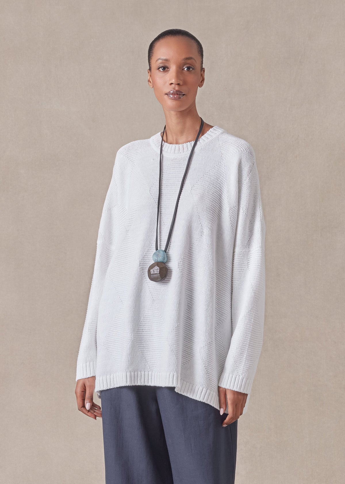 linen cotton mix 3/4 width round neck sweater - mid plus