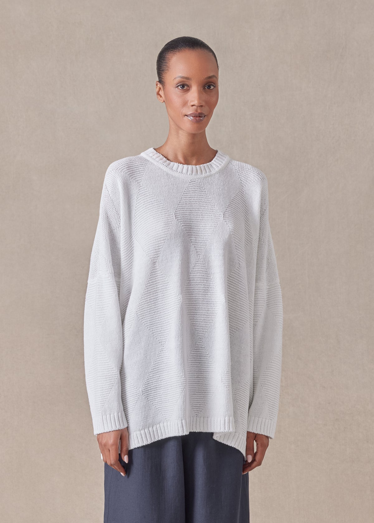 cotton linen mix 3/4 width round neck sweater - mid plus