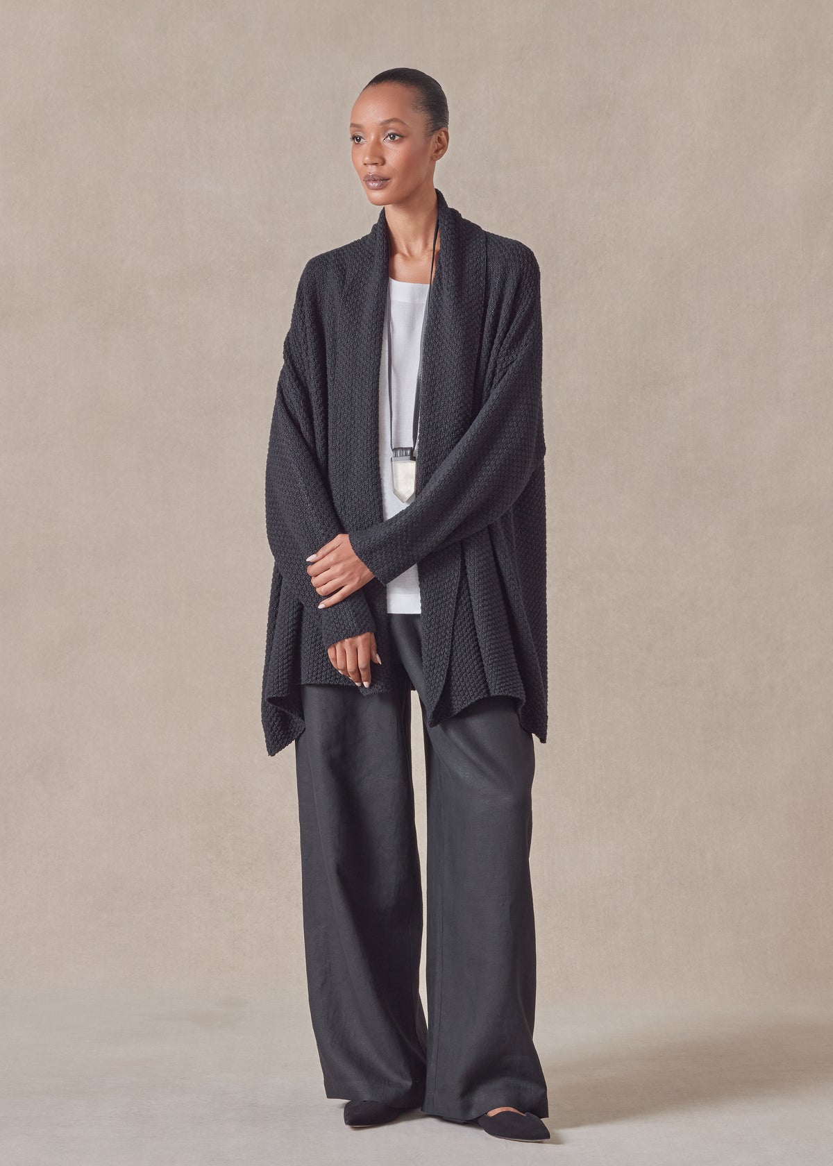 cotton linen mix a-line scrunch shawl collar cardigan - long