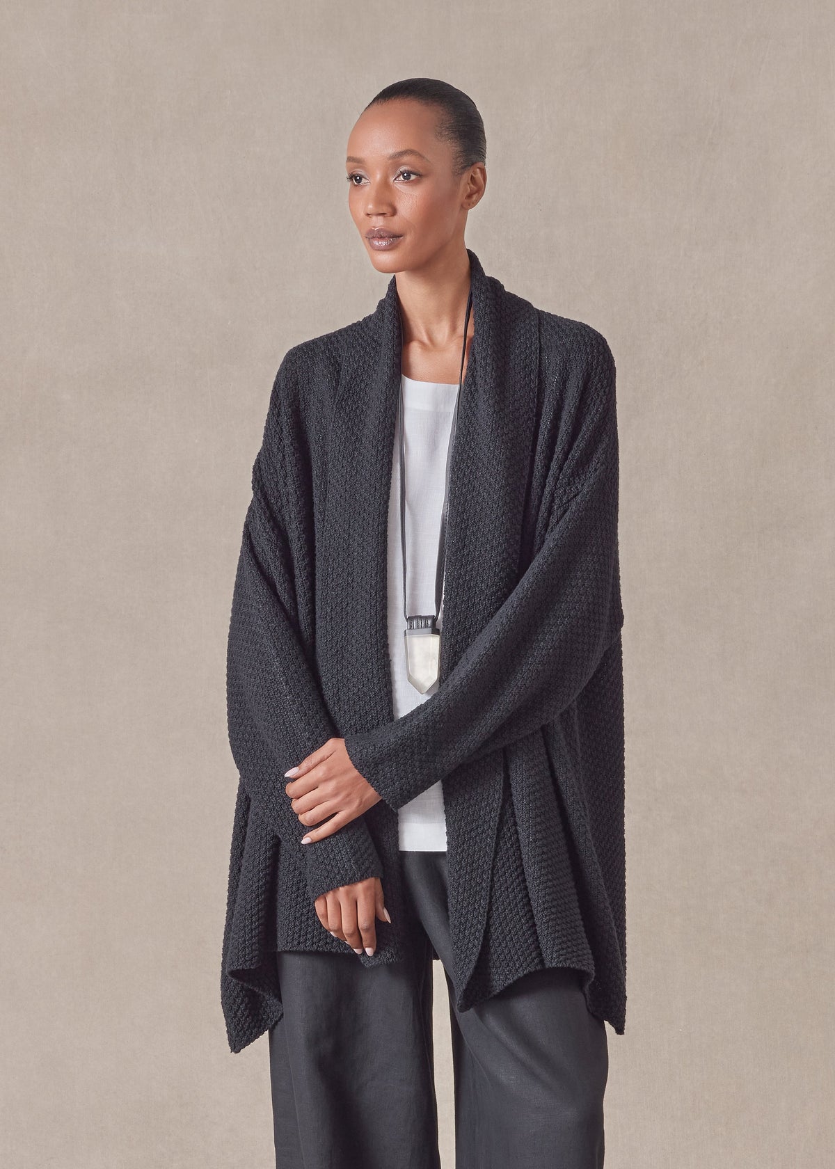 linen cotton mix a-line scrunch shawl collar cardigan - long