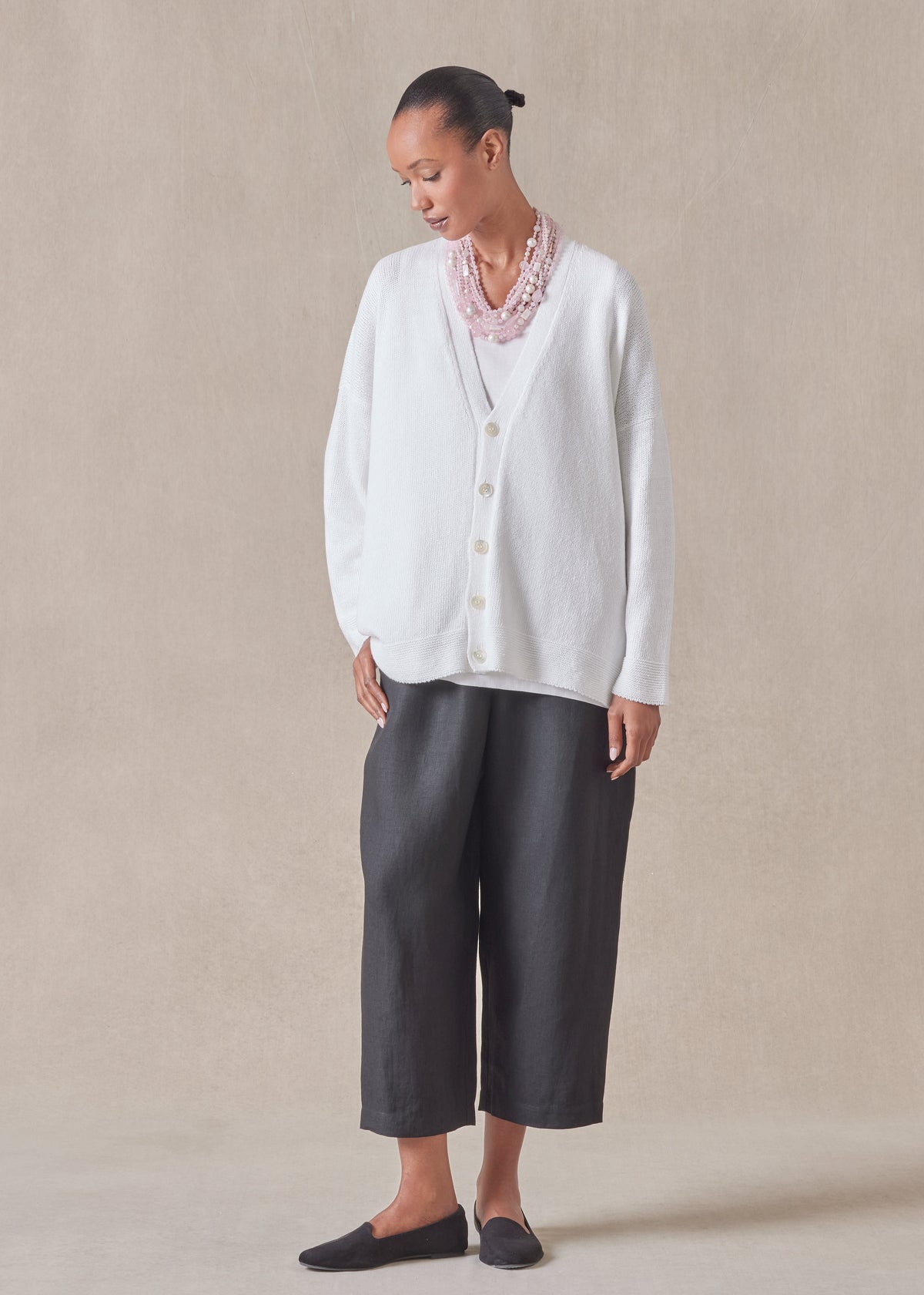 cotton linen mix v-neck cardigan - mid (white)