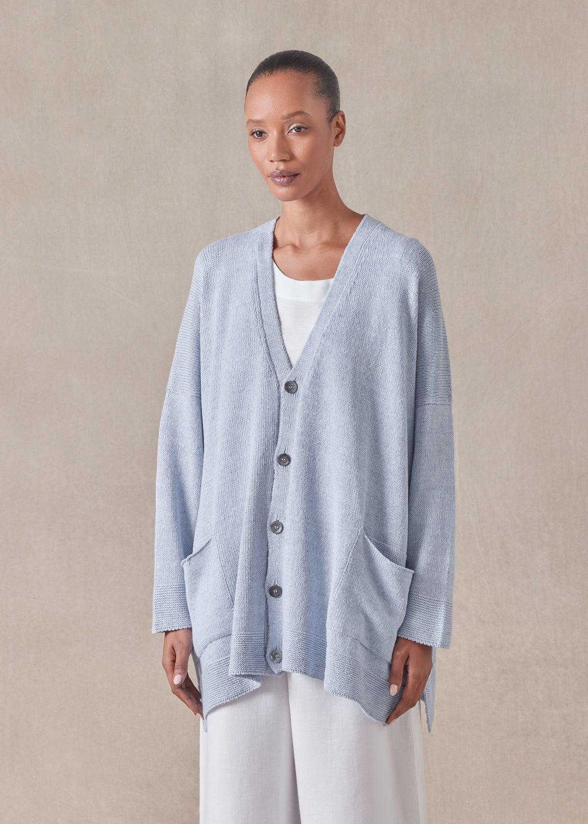cotton linen mix v-neck cardigan - long (chambray)