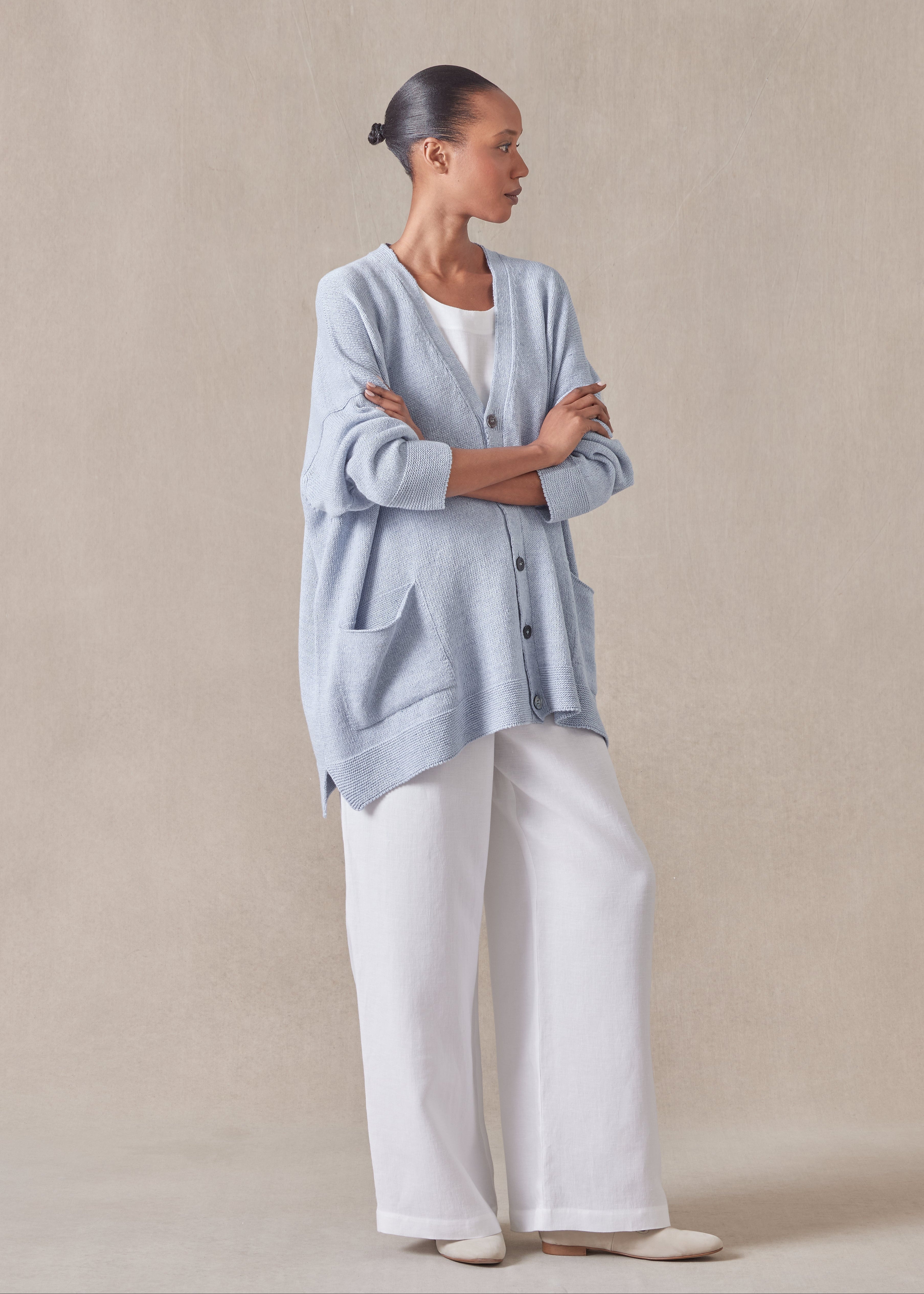 トップス Ron Herman Linen Mix Cotton Cardigan cotton linen mix v-neck cardigan - long (chambray)