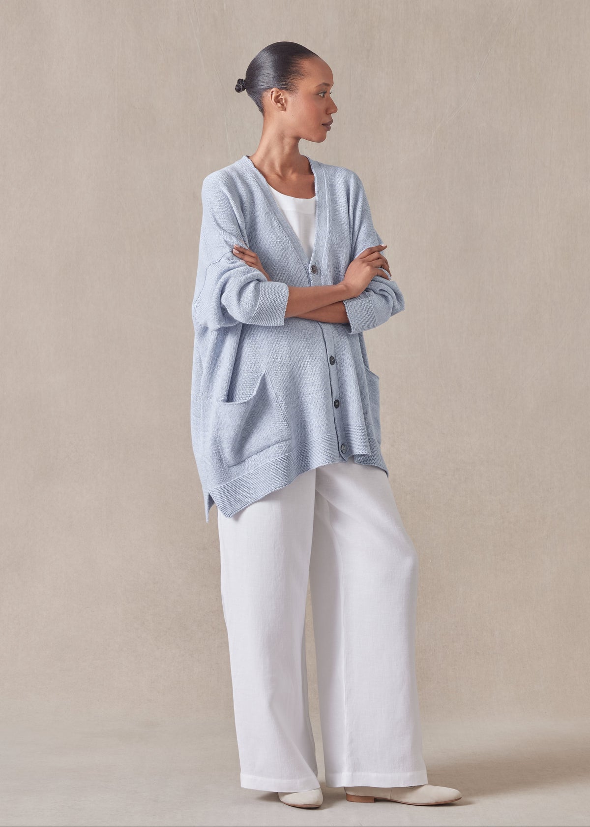 cotton linen mix v-neck cardigan - long (chambray)