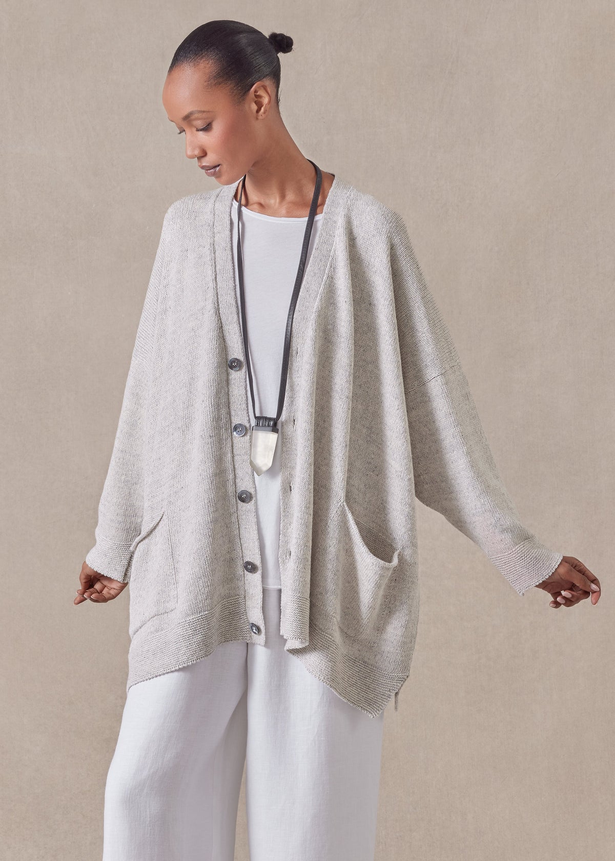 cotton linen mix v-neck cardigan - long (cloudgrey)