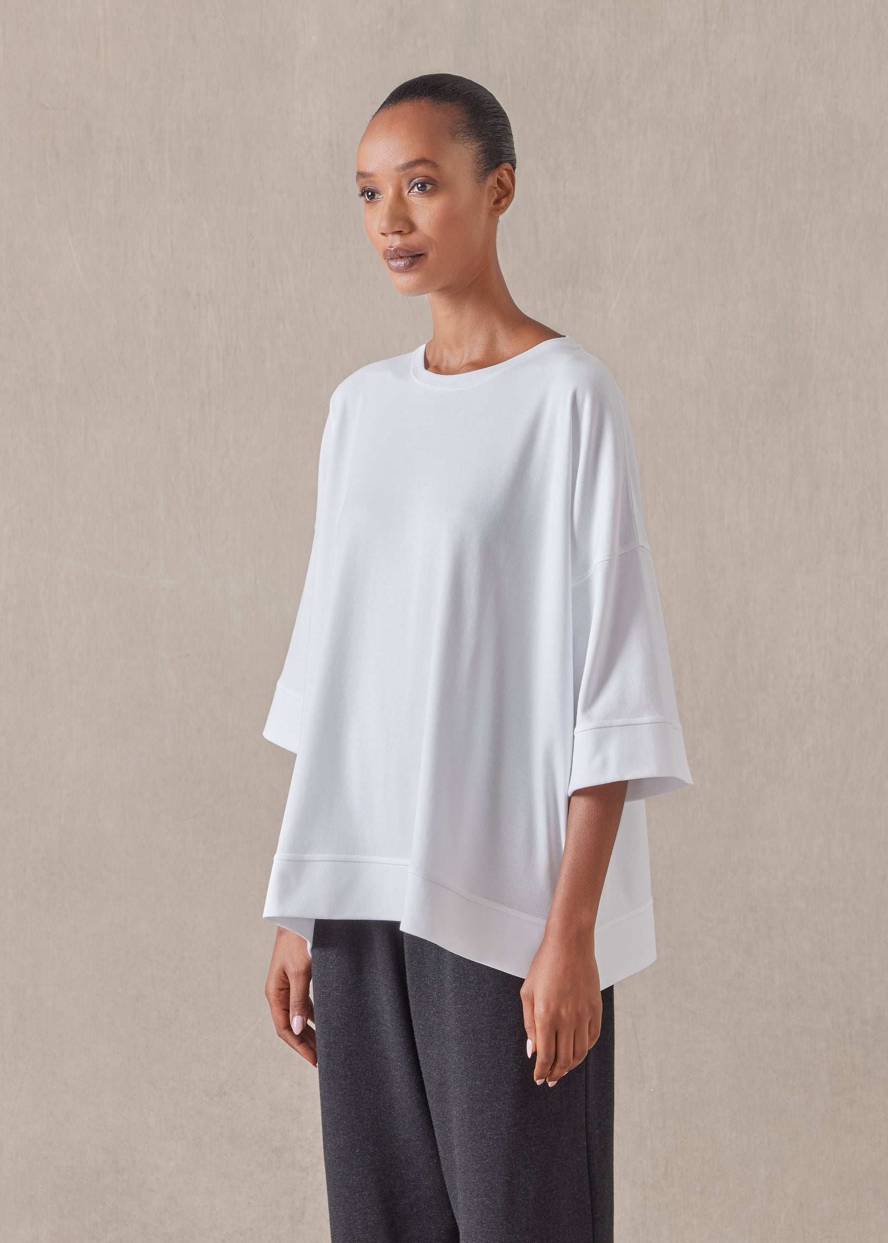 cotton jersey round neck 3/4 sleeve top with hembands - mid plus