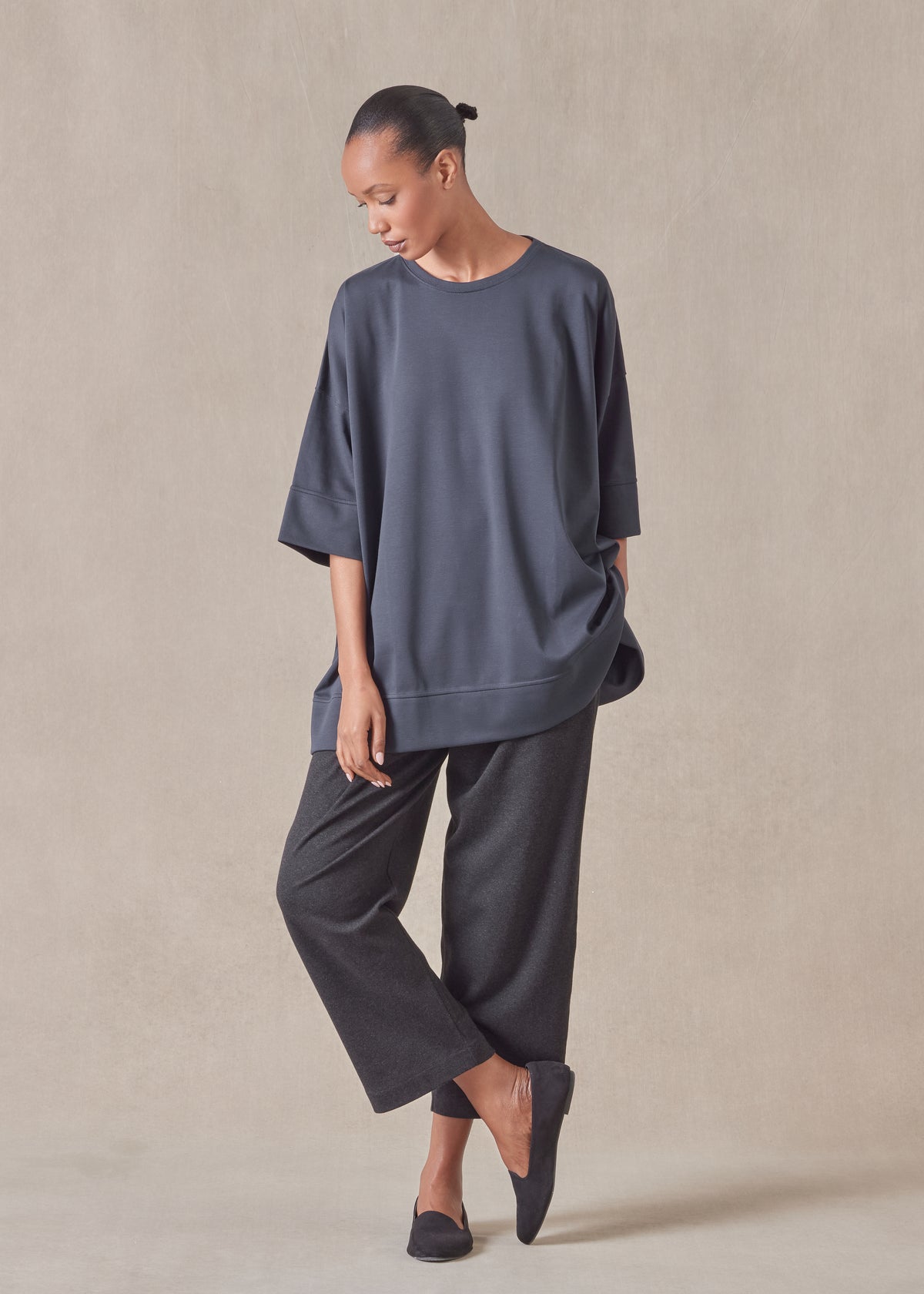 cotton jersey round neck 3/4 sleeve top with hembands - long (navydark)