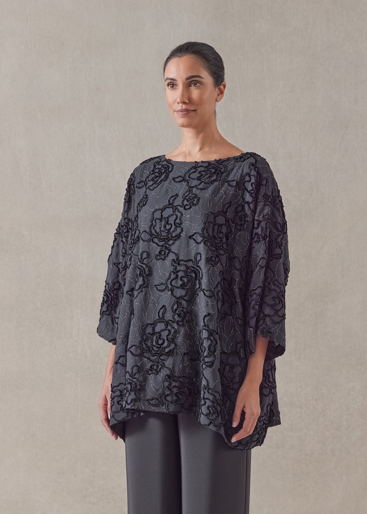 silk mix 3/4 sleeve bateau neck tunic - long (blacksilver)
