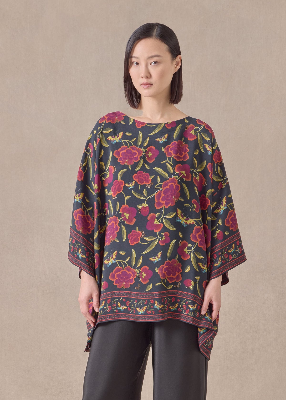 silk 3/4 sleeve bateau neck tunic - long