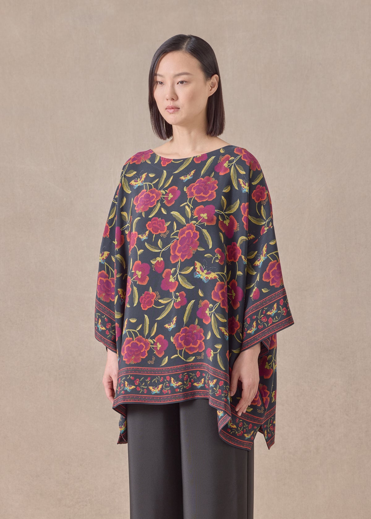 silk 3/4 sleeve bateau neck tunic - long