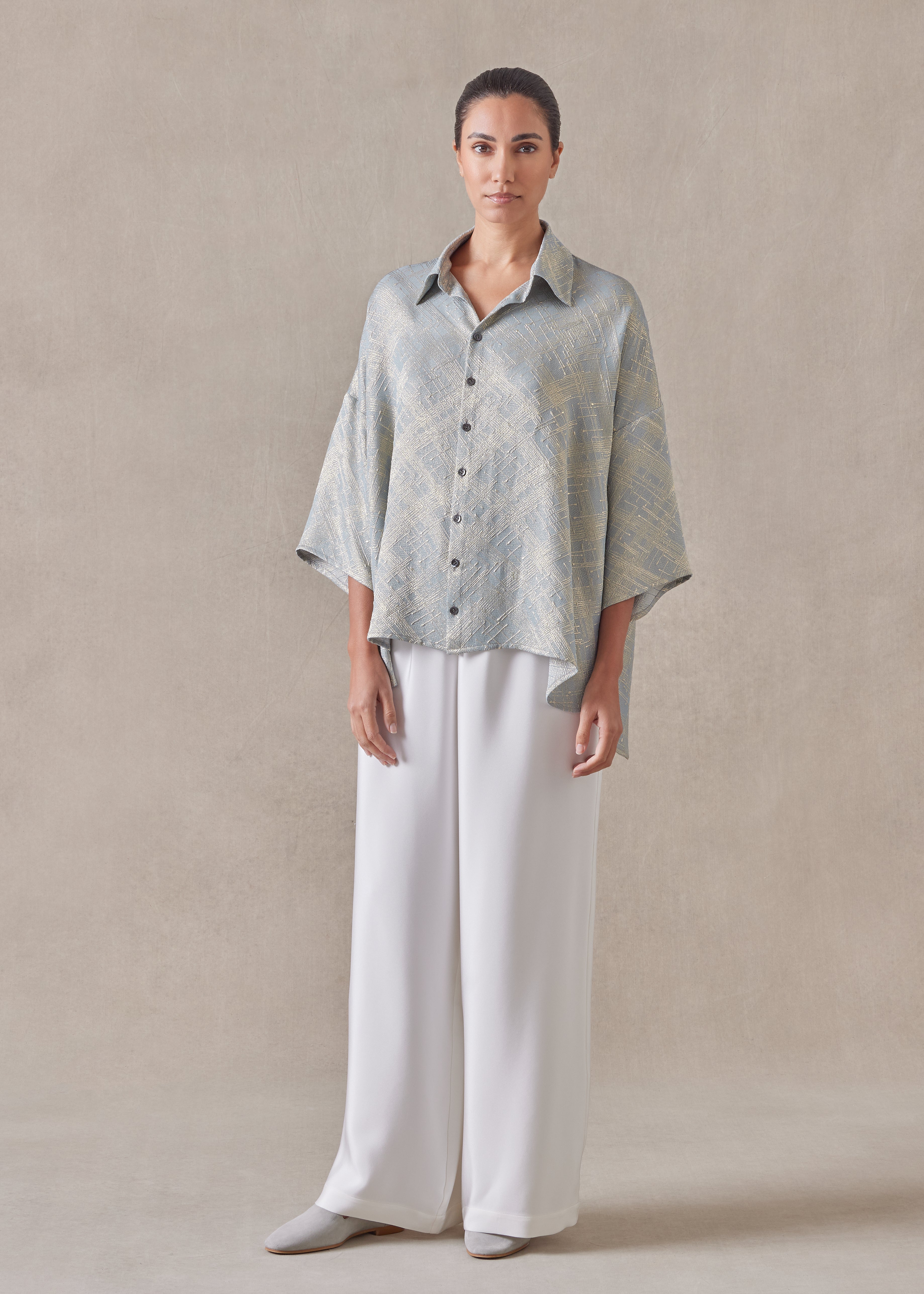 silk mix sloped shoulder wide a-line short sleeve shirt with