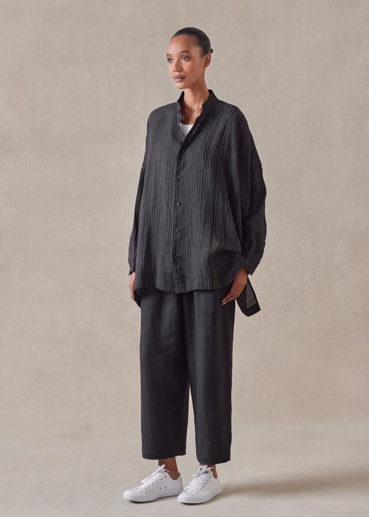 linen mix wide longer back collarless shirt - long