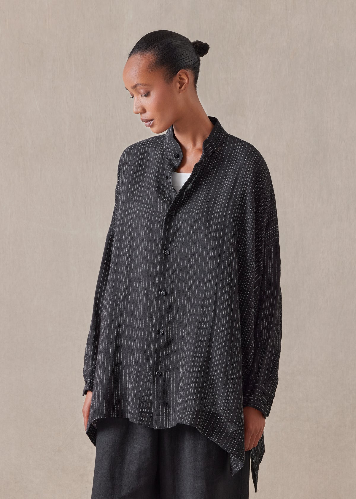 linen mix wide longer back collarless shirt - long