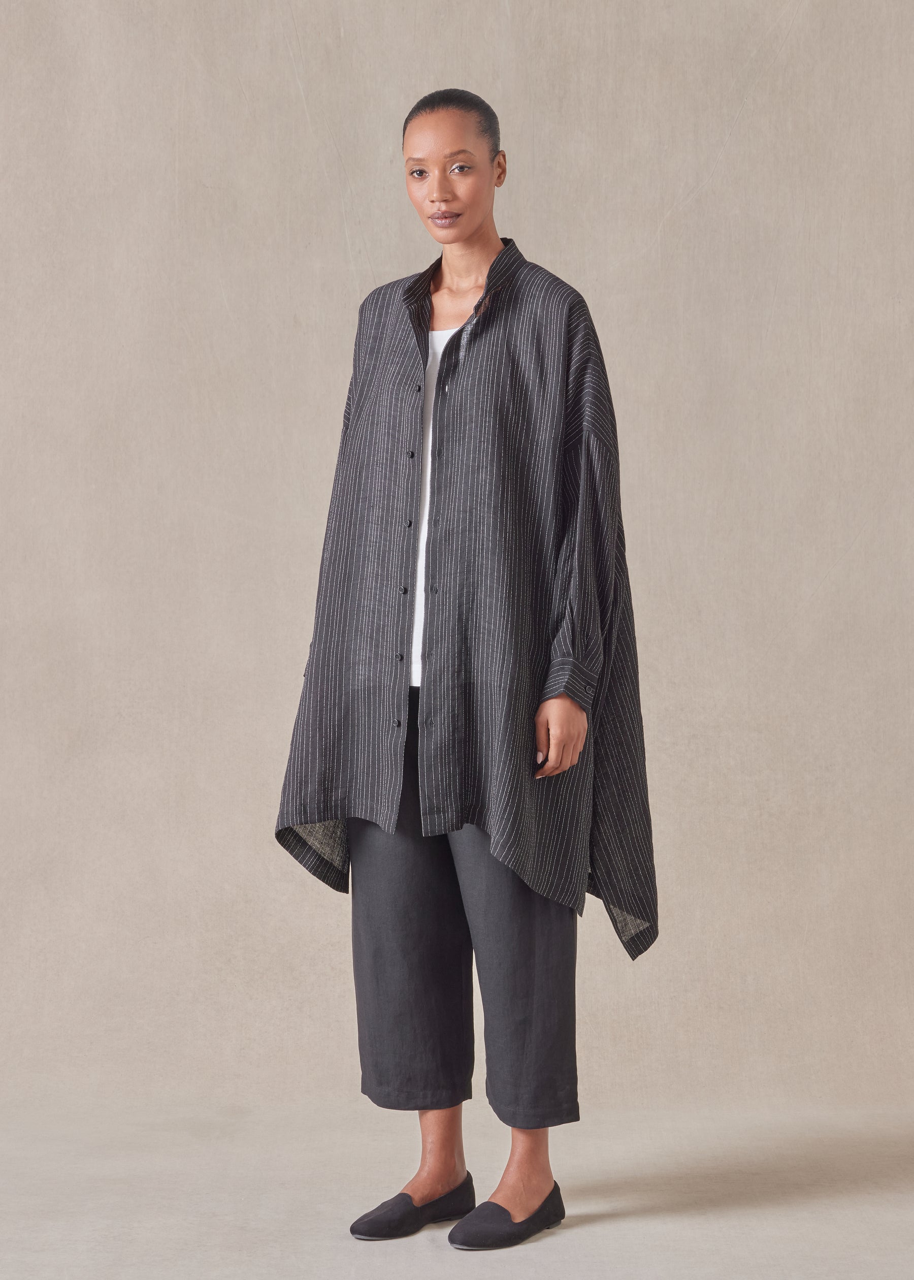 linen mix wide longer back collarless shirt  - very long with slits