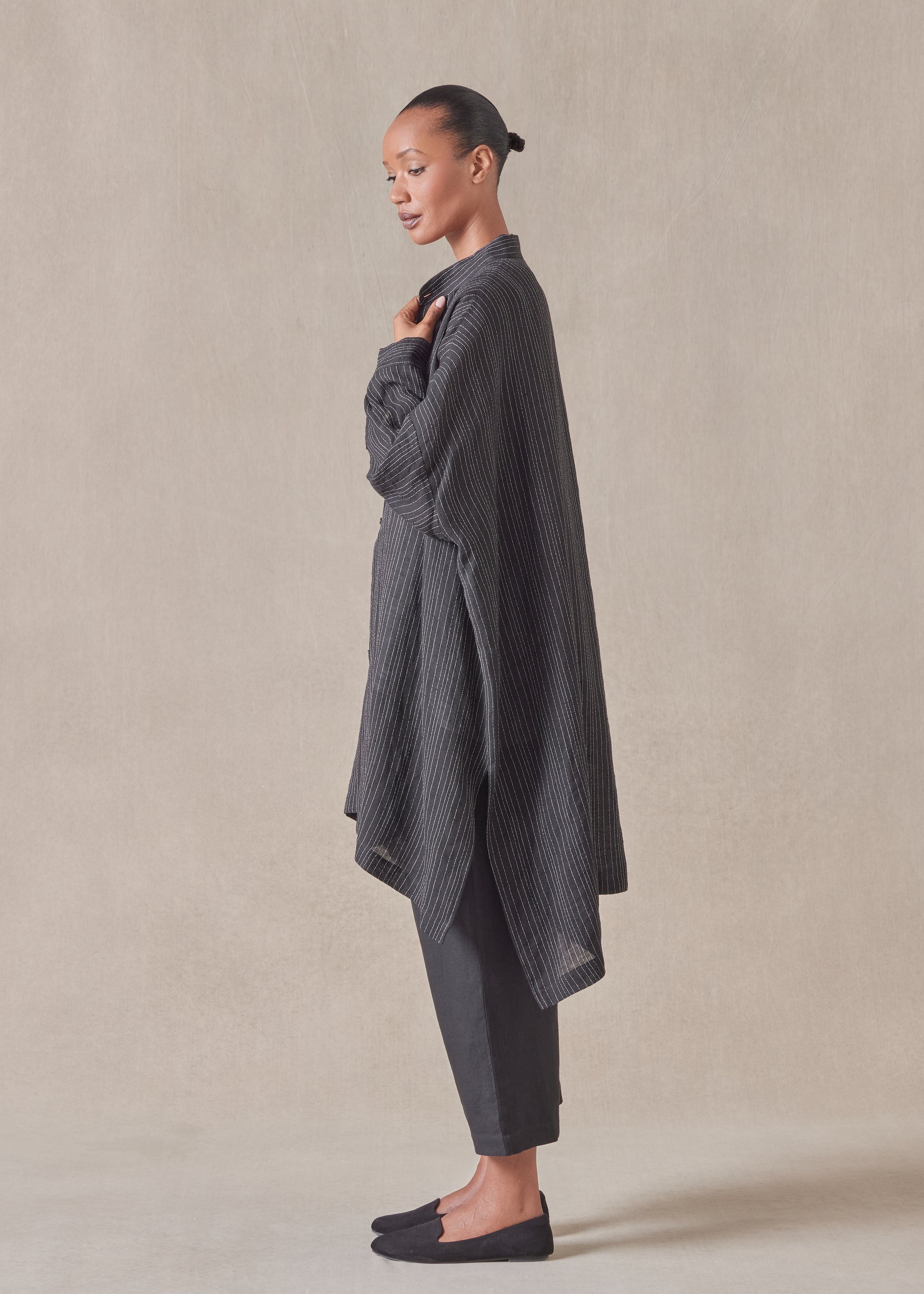 linen mix wide longer back collarless shirt  - very long with slits