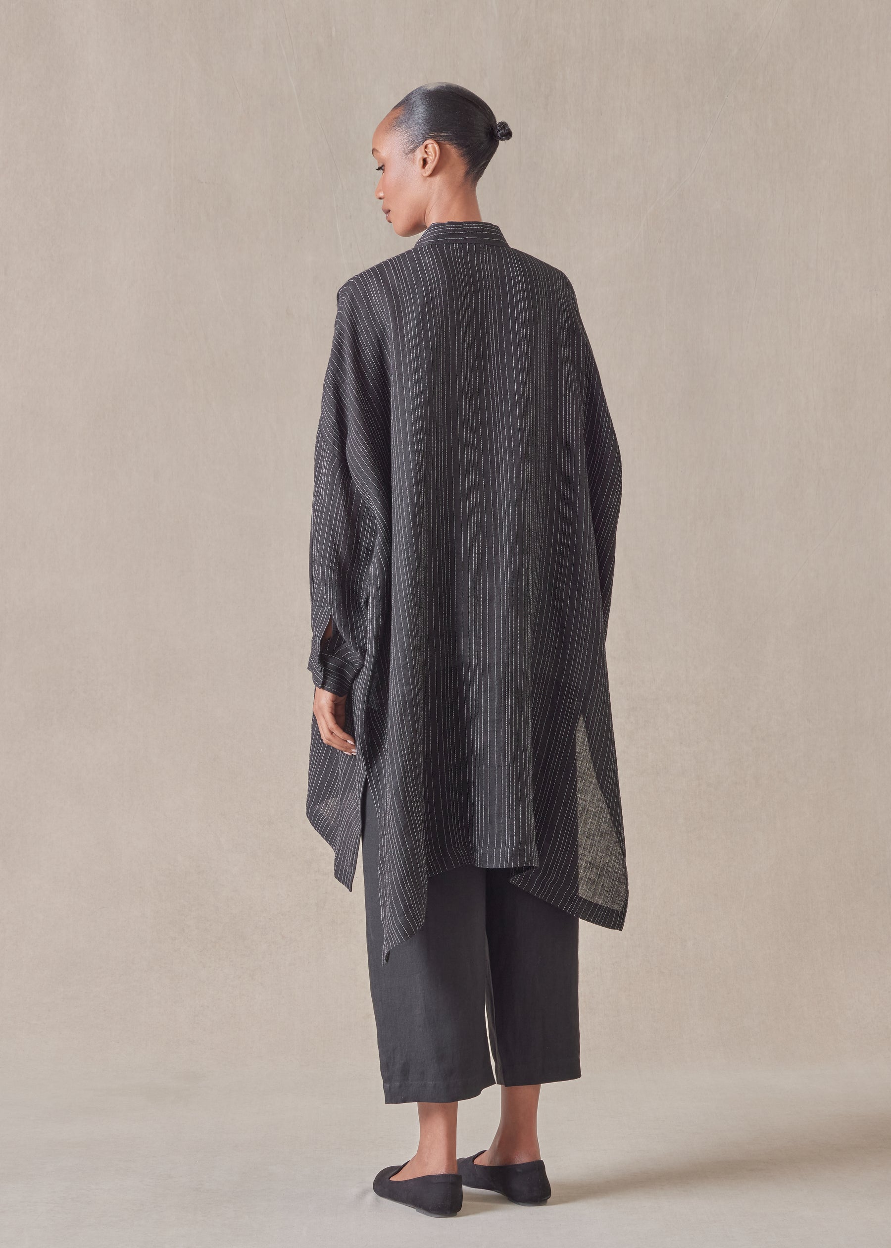 linen mix wide longer back collarless shirt  - very long with slits