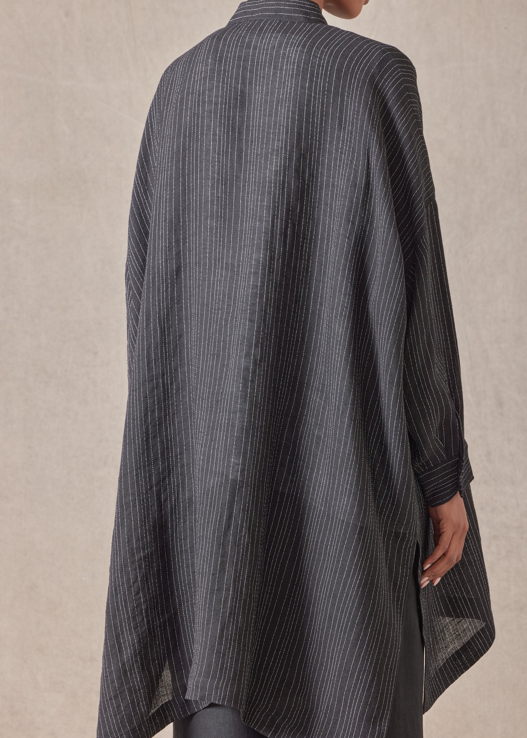 linen mix wide longer back collarless shirt  - very long with slits