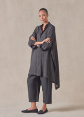 linen mix wide longer back collarless shirt  - very long with slits