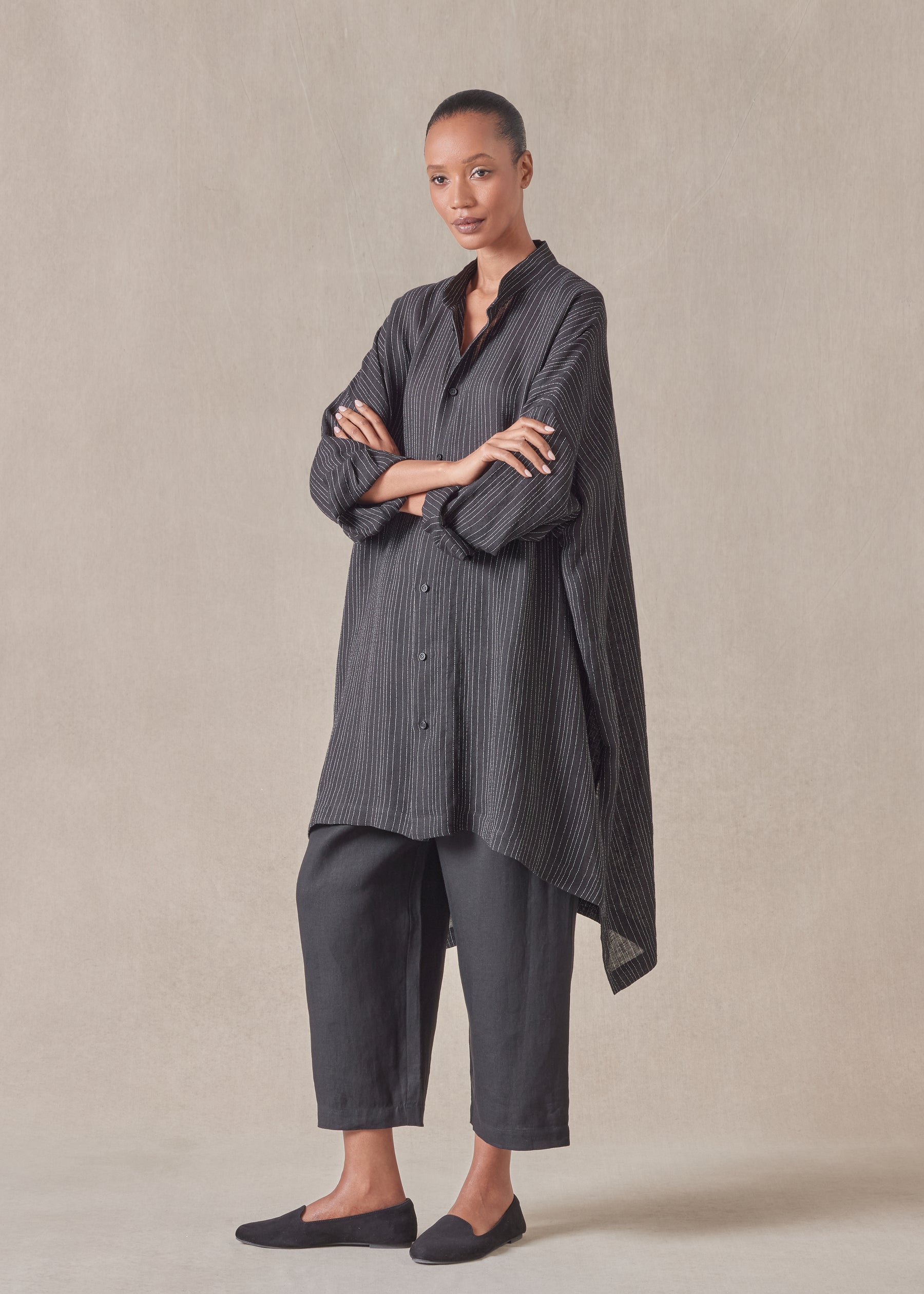 linen mix wide longer back collarless shirt  - very long with slits