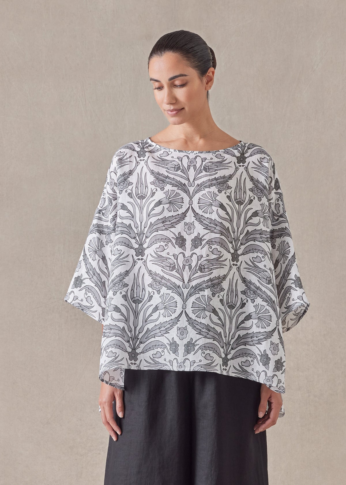 linen sloped shoulder wide a-line scoop neck top - mid