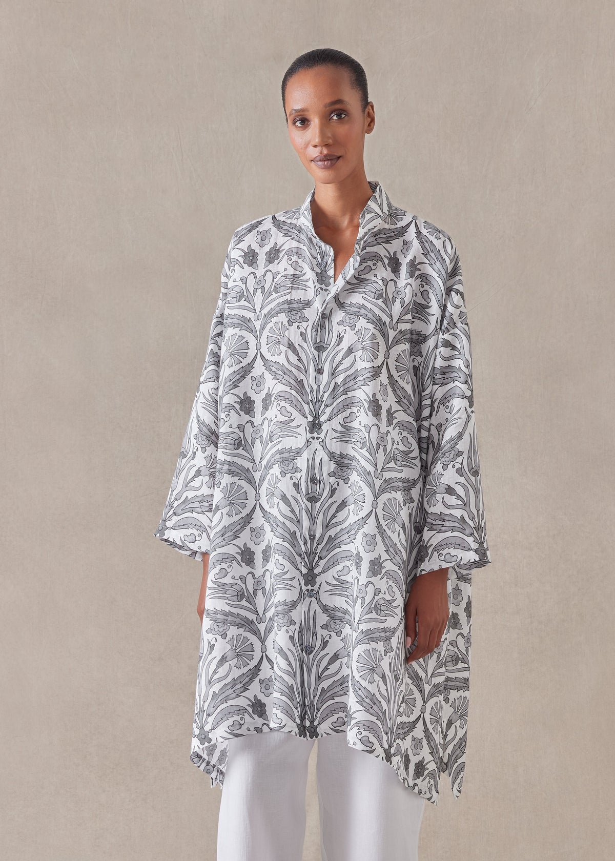 linen wide a-line collarless shirt - very long with slits