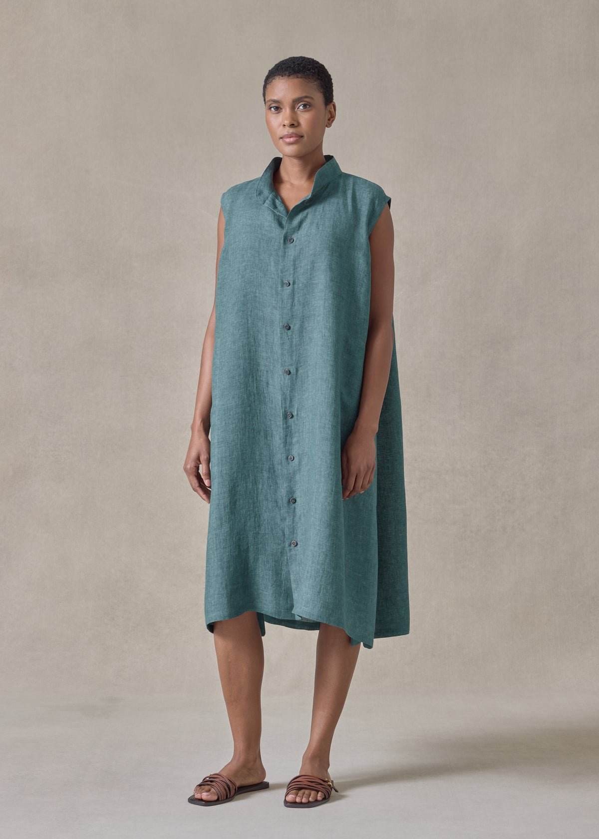 linen a-line collarless sleeveless shirt dress
