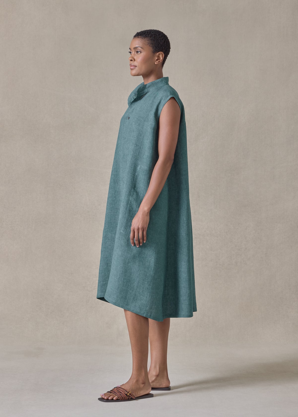 linen a-line collarless sleeveless shirt dress